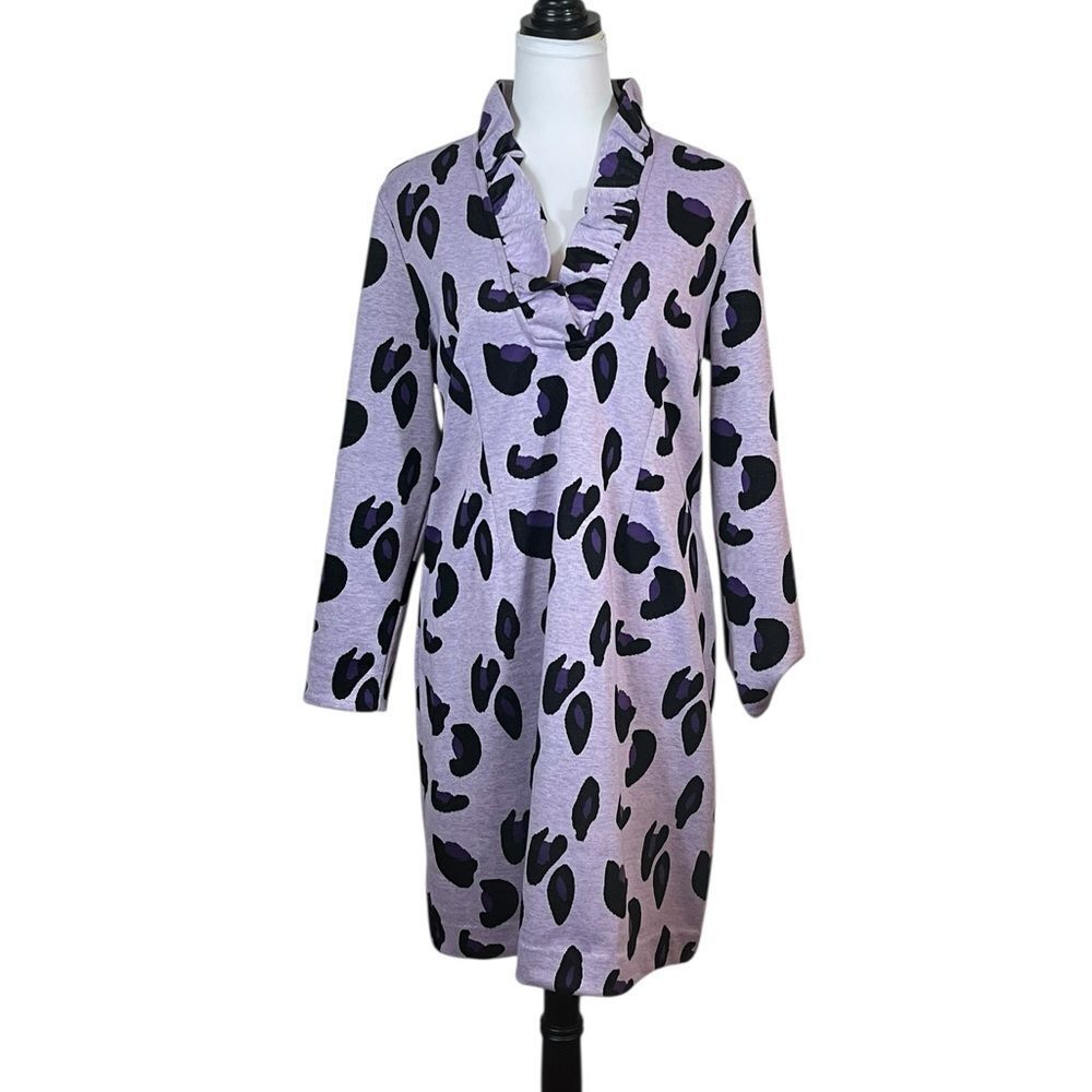 Tyler Boe Ruffle Neck‎ Purple Animal Print Dress, Size L